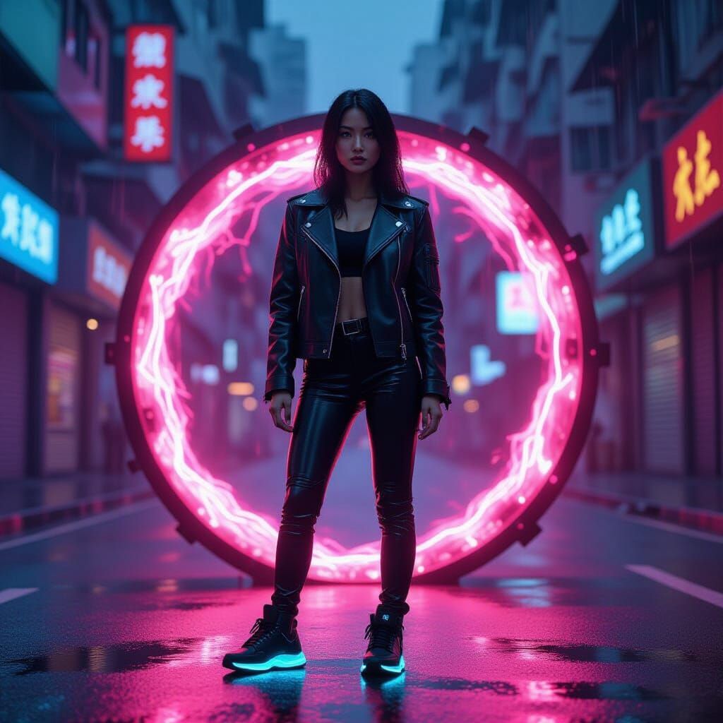 Cyberpunk Asian Woman Before Energy Portal