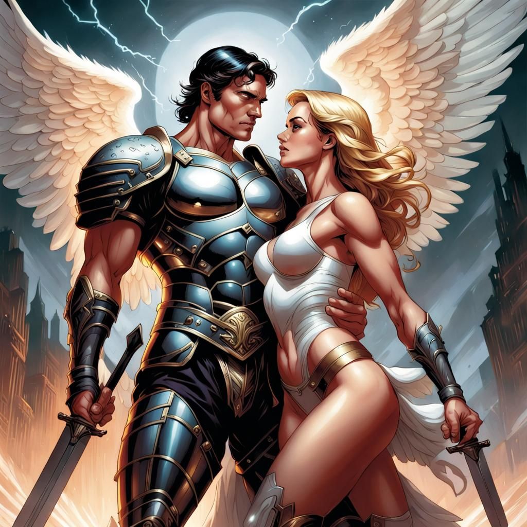 Warrior Angel Protecting Woman in Comic Book Art