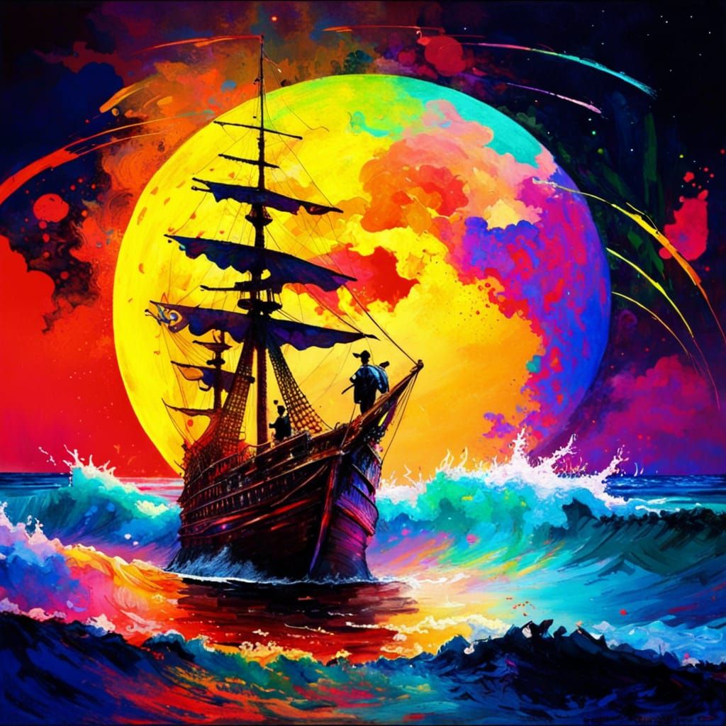 Pirate Ship on Rainbow Waves in Hokusai Style
