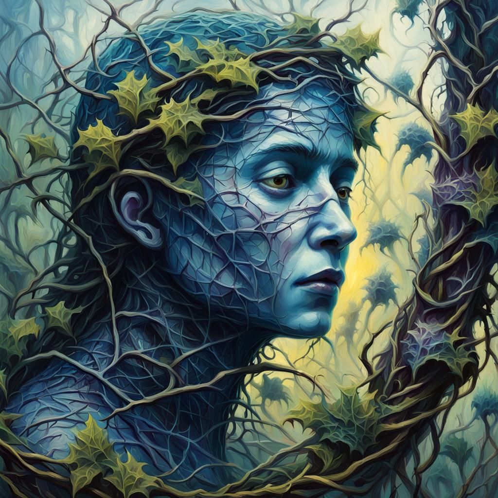 Thornwarden: Childlike Figure in Thorns, Impasto Oil Paintin...