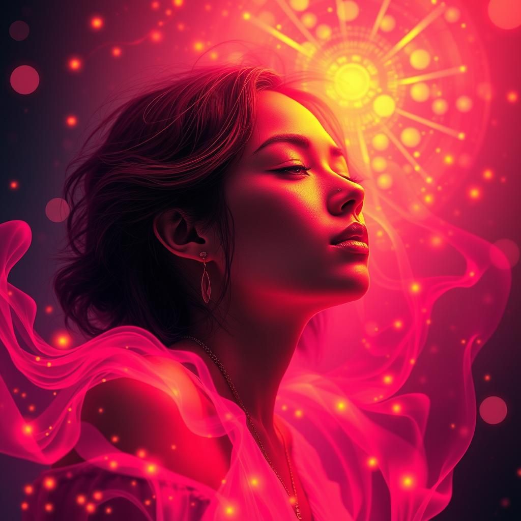 Radiant Woman Surrounded by Psychedelic Auras
