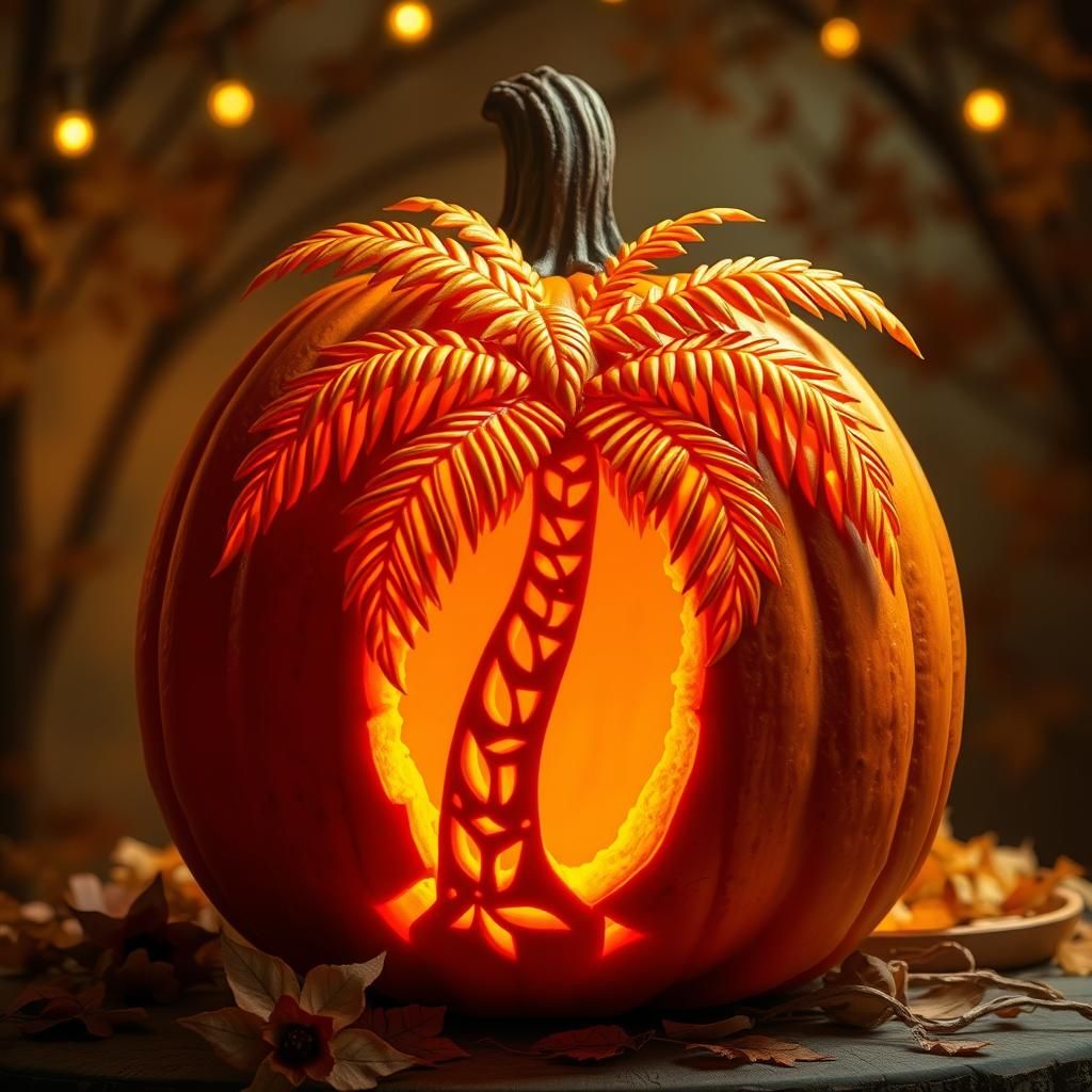Palm Tree Jack-o'-Lantern in Whimsical Autumn Scene