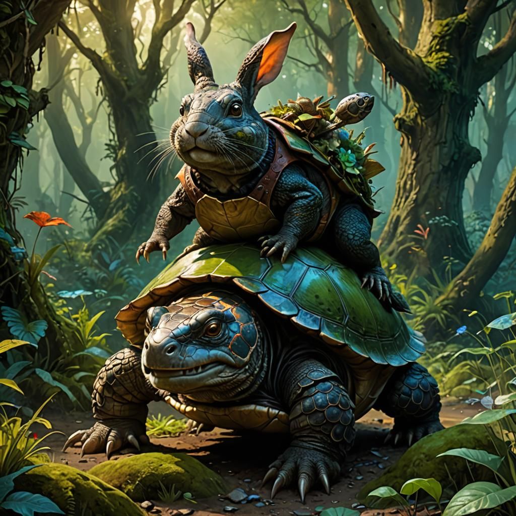 Rabbit Sorcerer Rides Turtle in Enchanted Forest