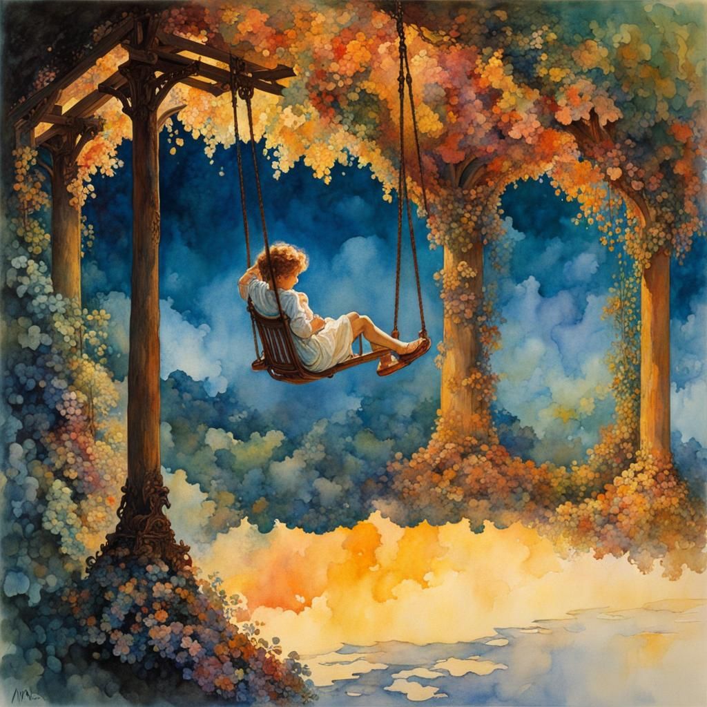 Child on Swing: Silhouette in Watercolor Style