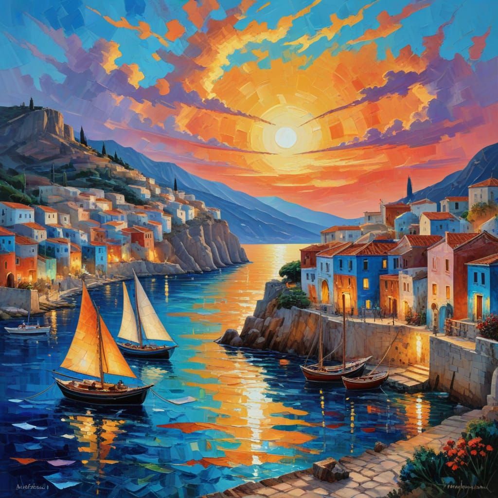 Aegean Village at Sunset in Neo-Impressionist Style