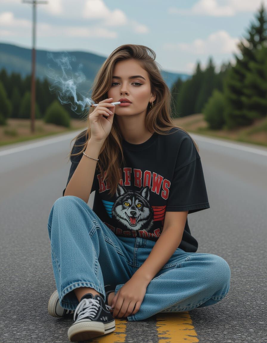 Tomboy Woman Smoking in Cozy Street Scene