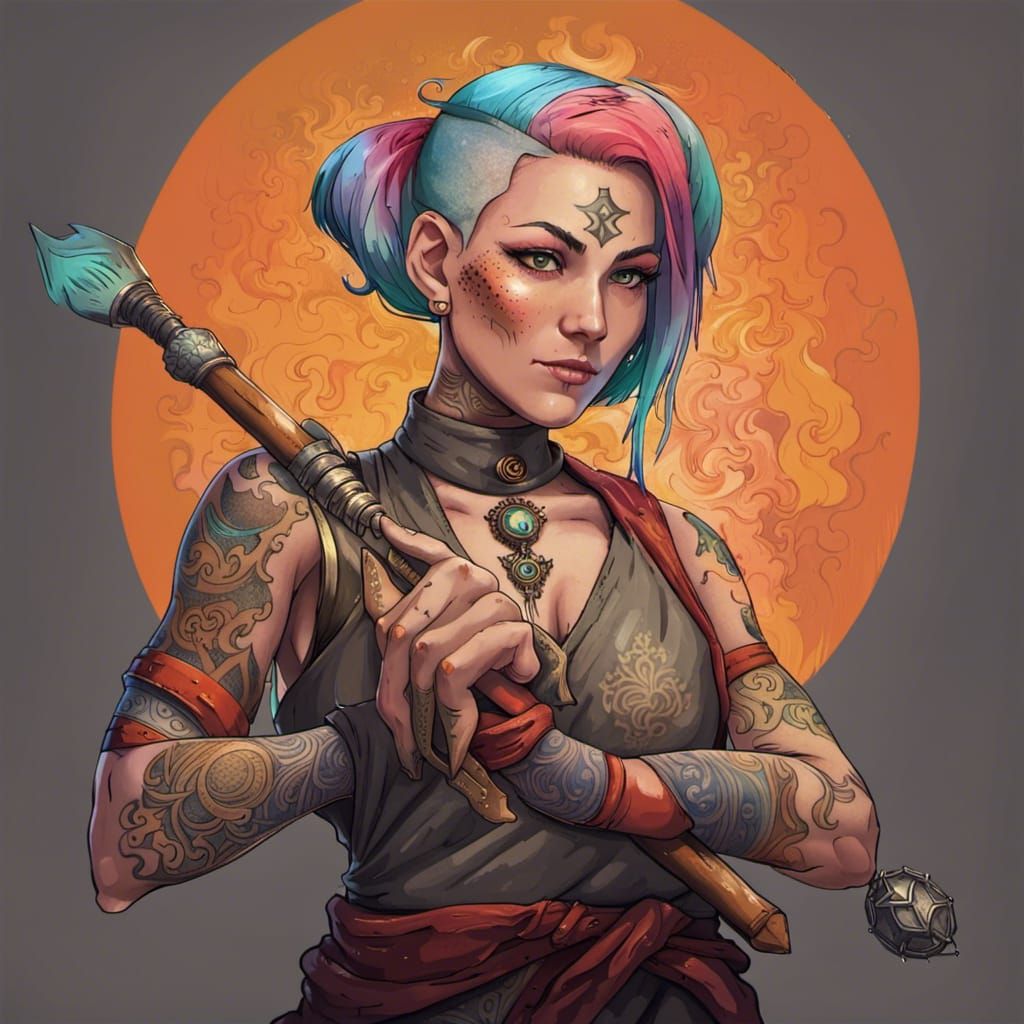 D&D Female Monk with Staff and Tattoos