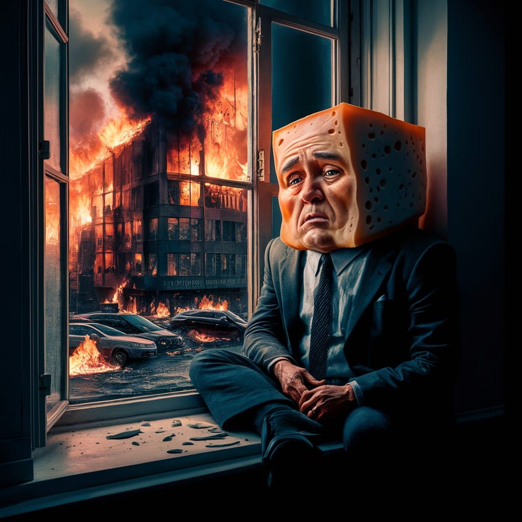 Melancholic Cheese Man in Burning Cityscape