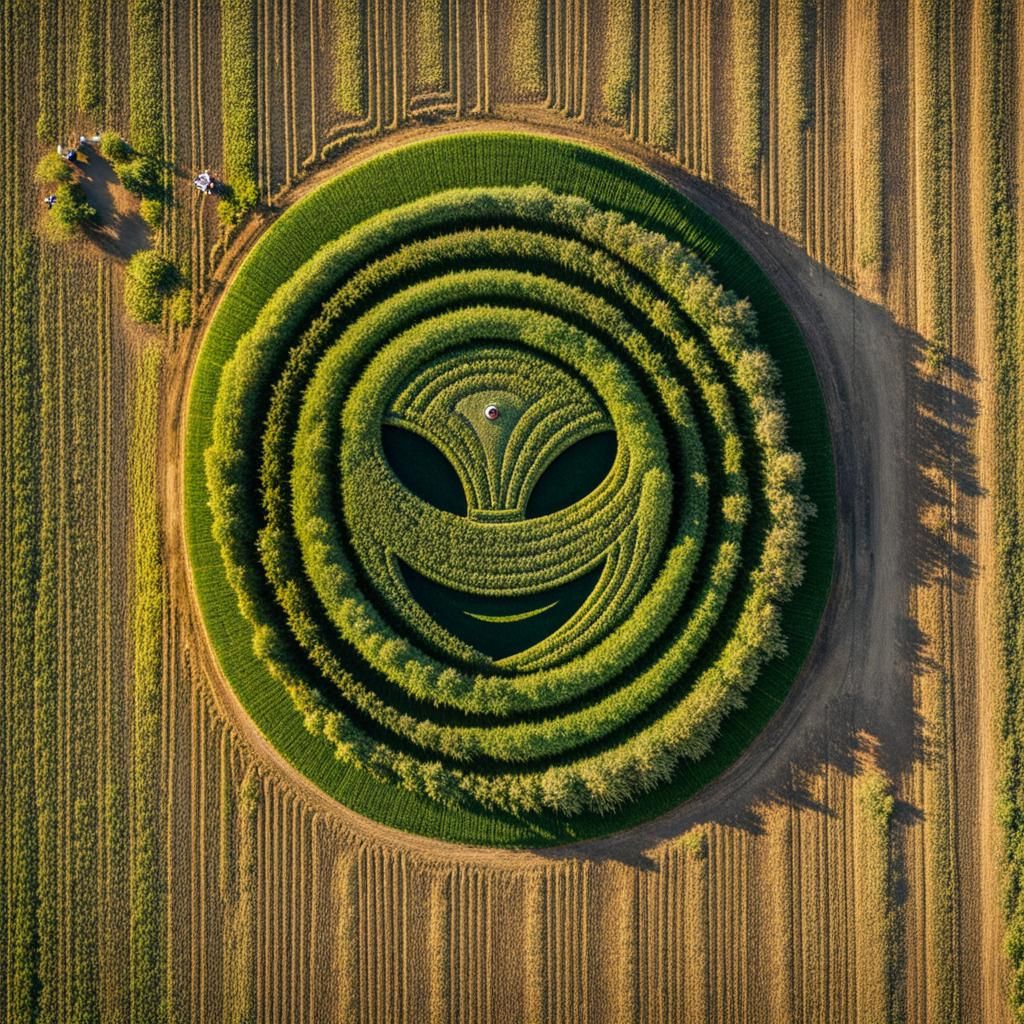 Smiling Alien Surveys Crop Circle, Aerial View