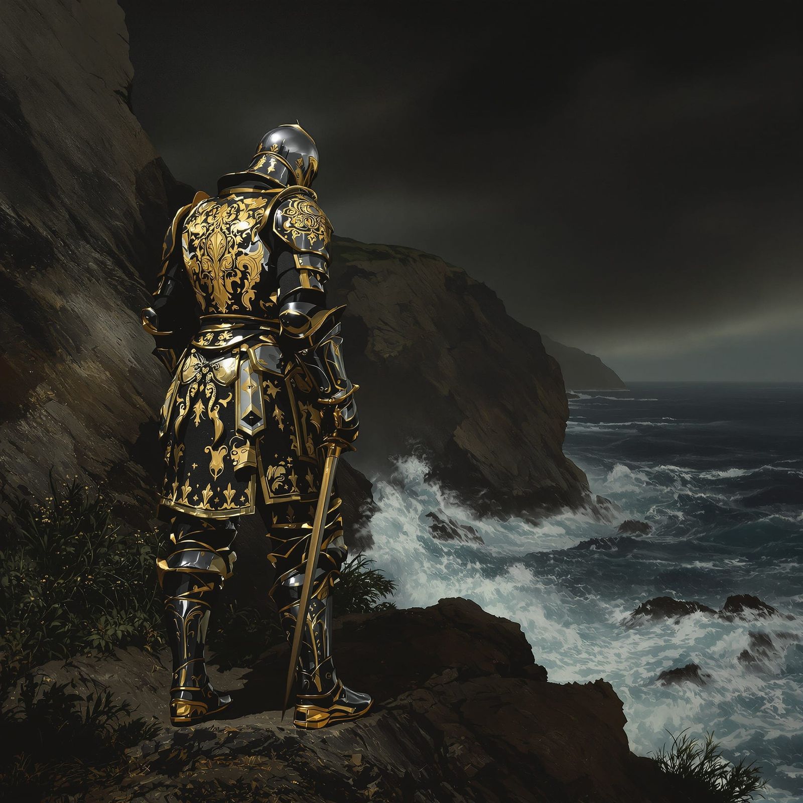 Lone Knight on Cliff Overlooking Stormy Sea