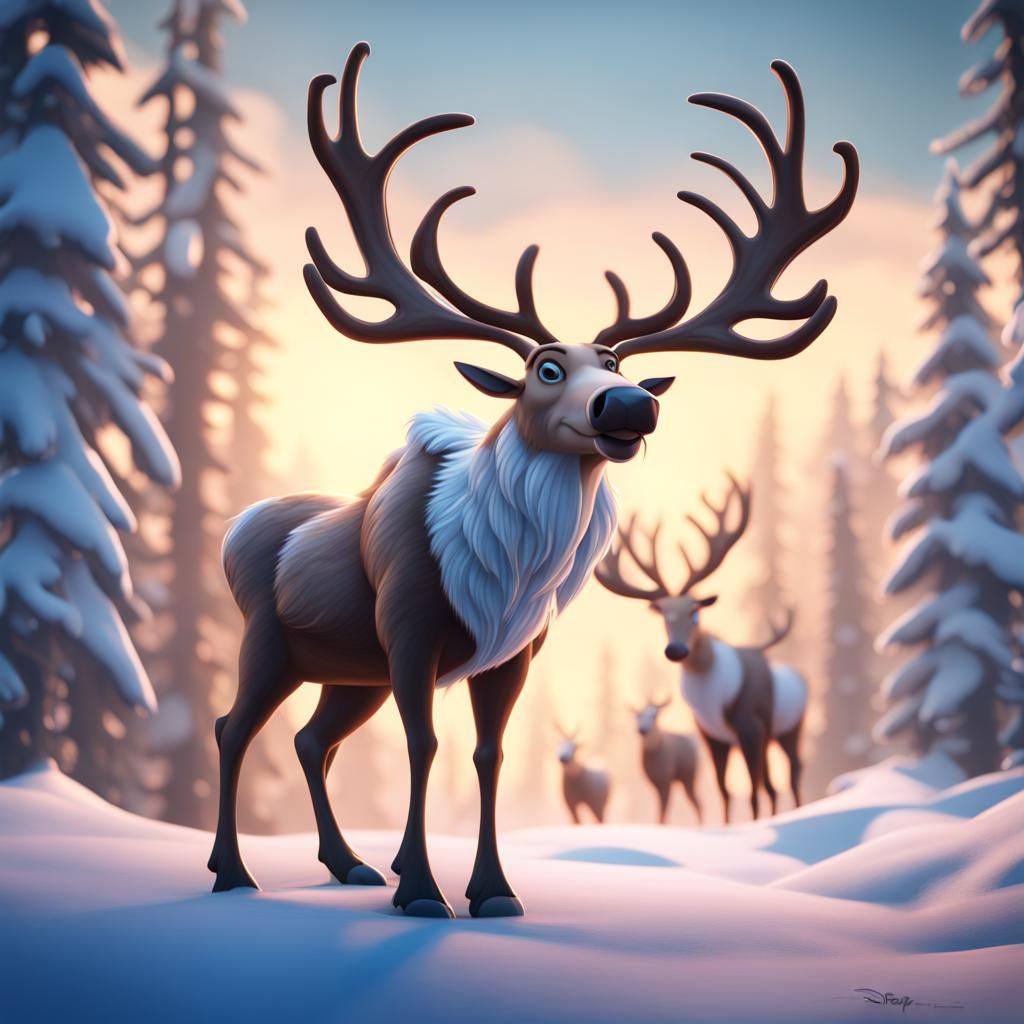 Disney Cartoon Reindeer in Winter Landscape