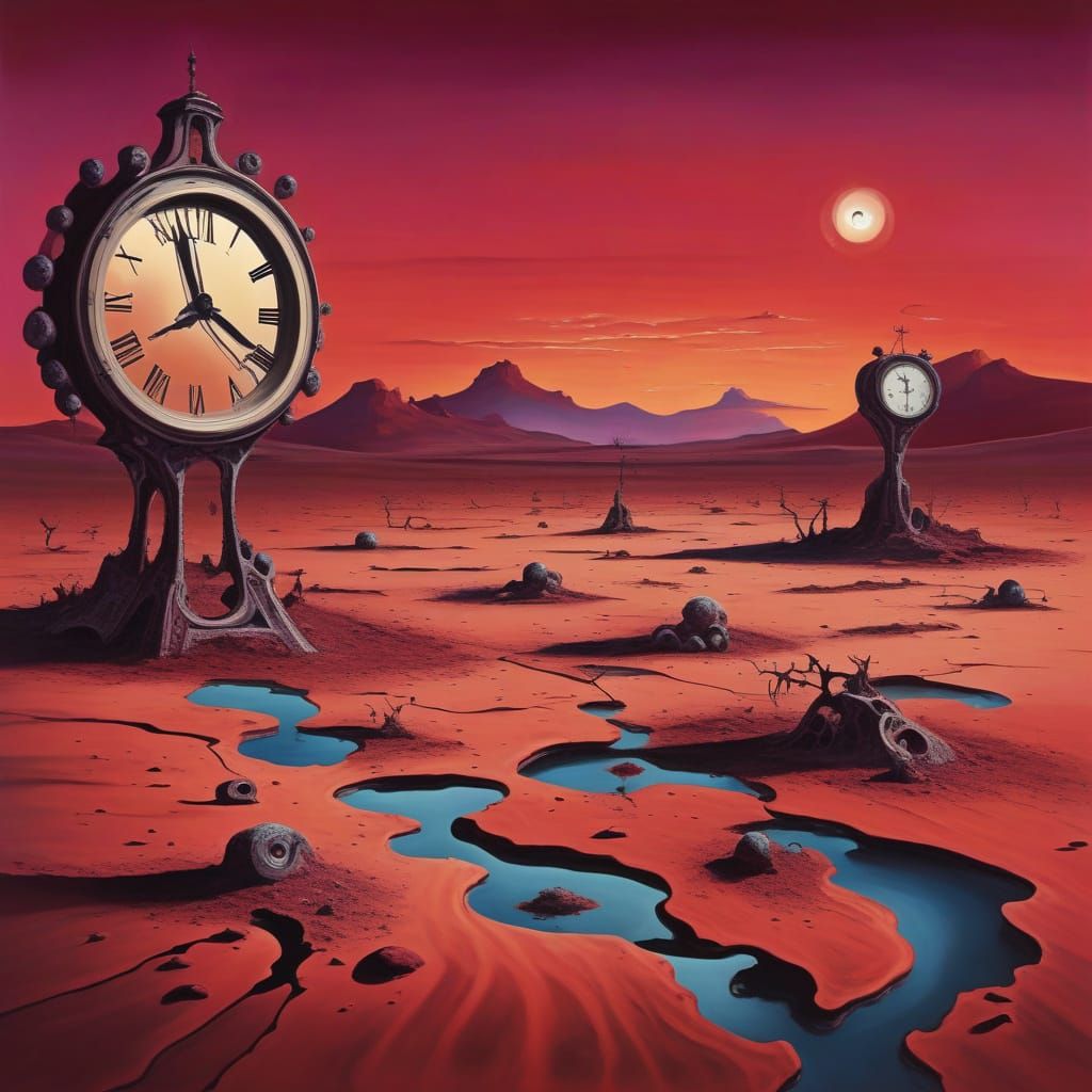 Surreal Desert Dreamscape with Melting Clocks