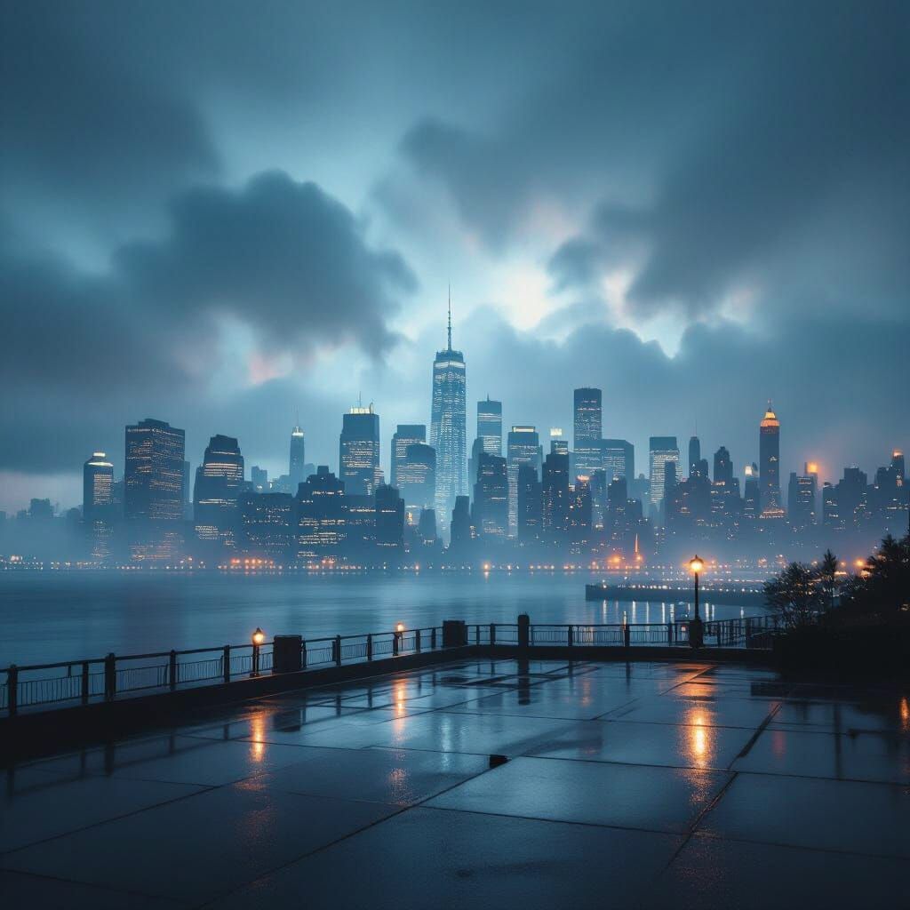 Dreamy Night Cityscape with Glowing Clouds and Haze