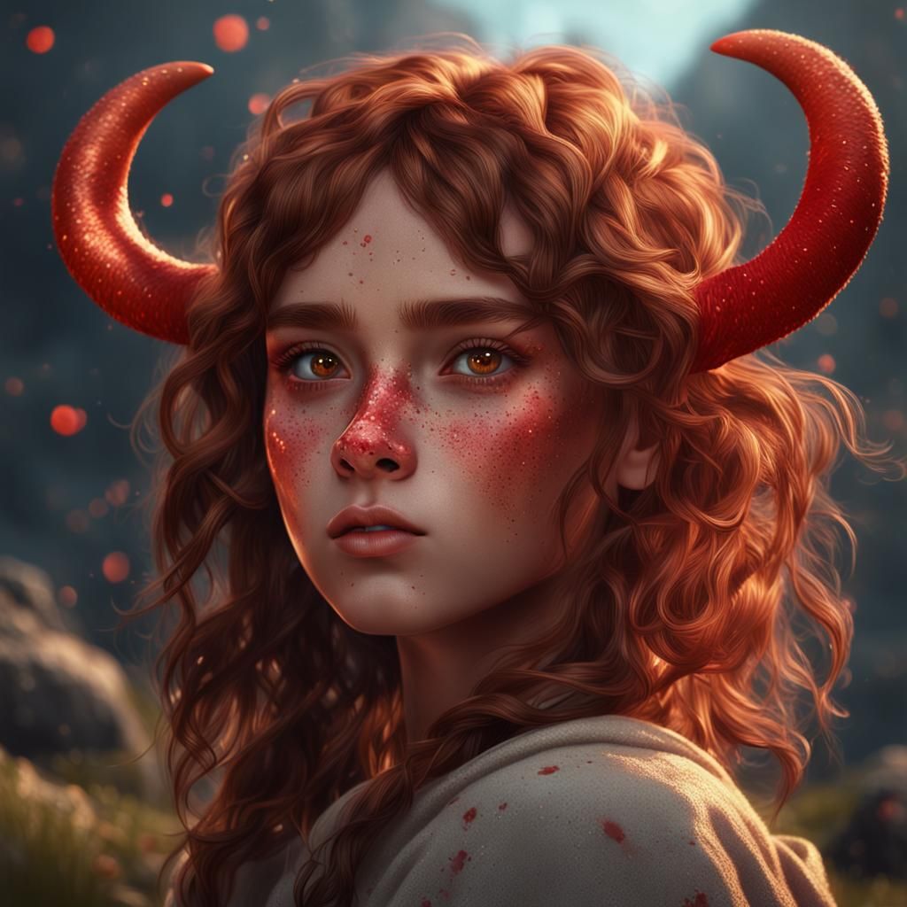 Red Horned Girl with Freckles, Fantasy Art
