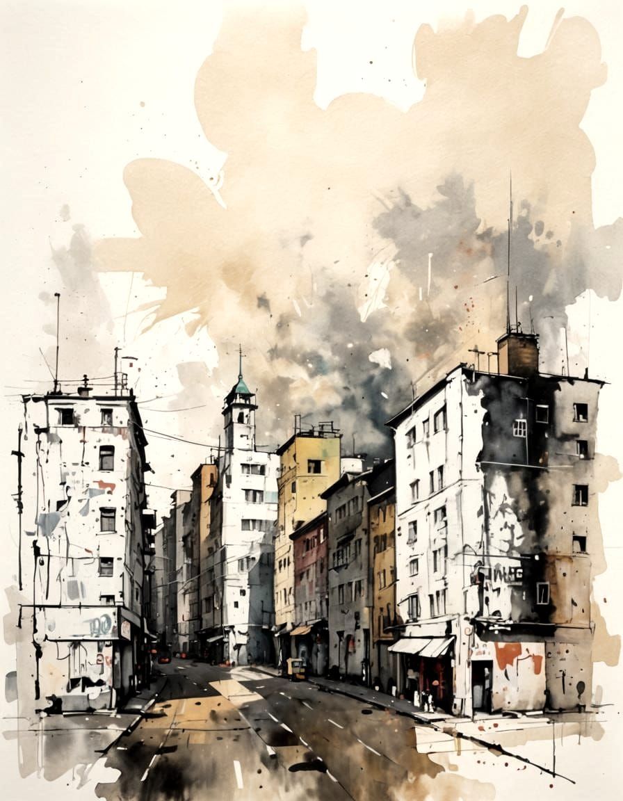 Urban Landscape in Gouache and Watercolor Style