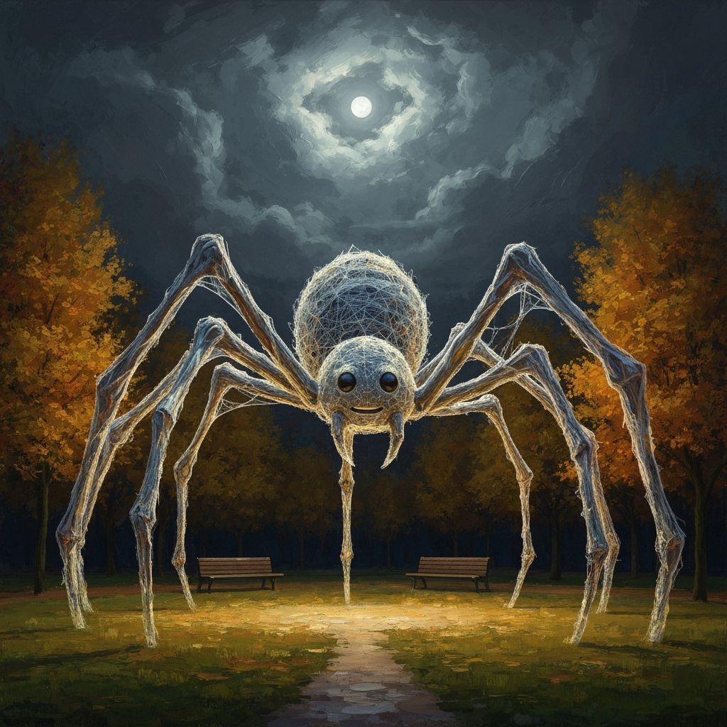 Giant Spider Web Sculpture in Autumn Park at Night