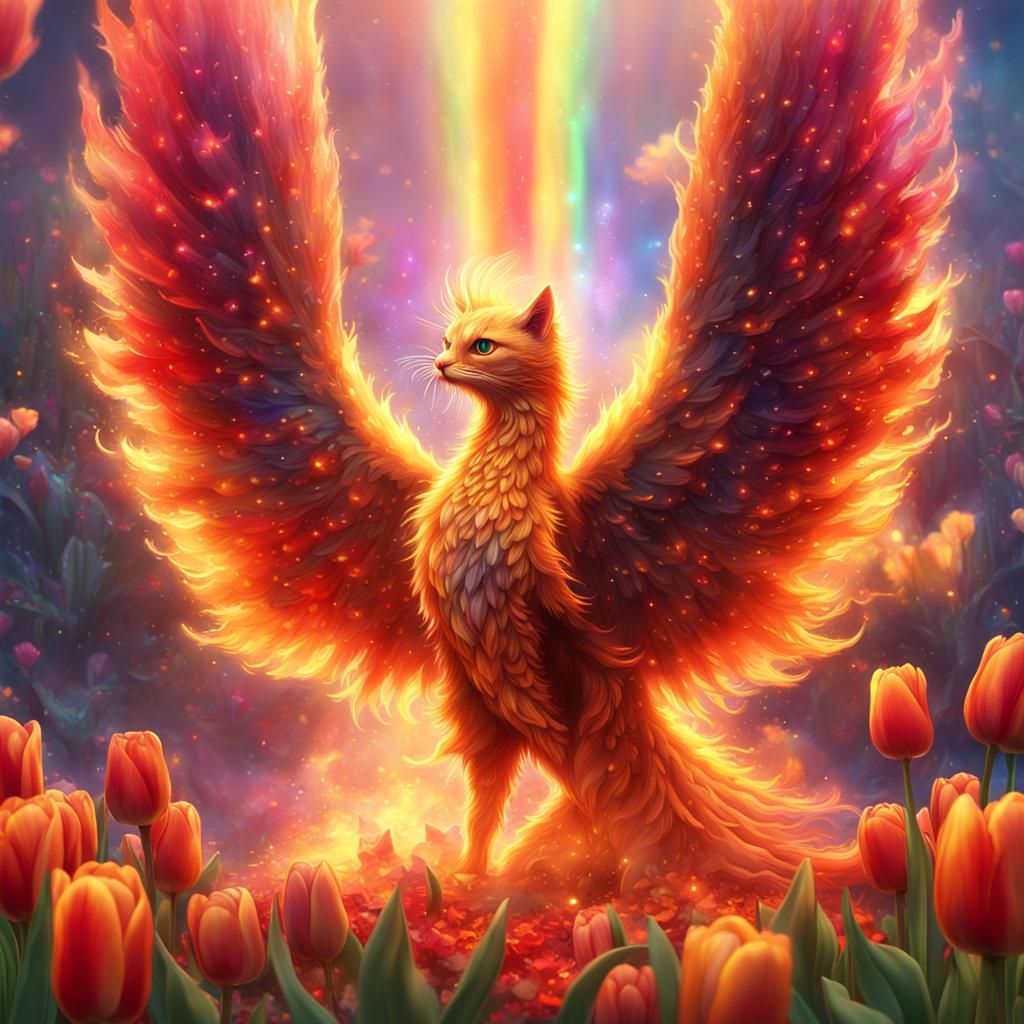 Glowing Phoenix Surrounded by Kittens and Tulips