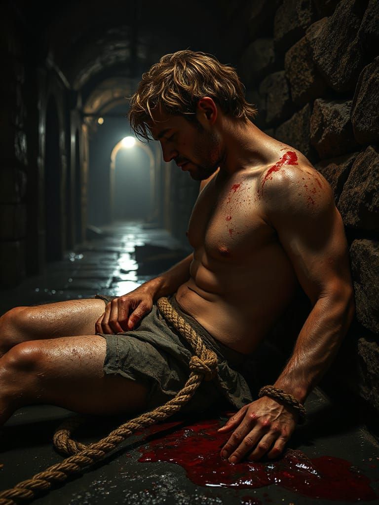 Exhausted Prisoner in Dark Dungeon