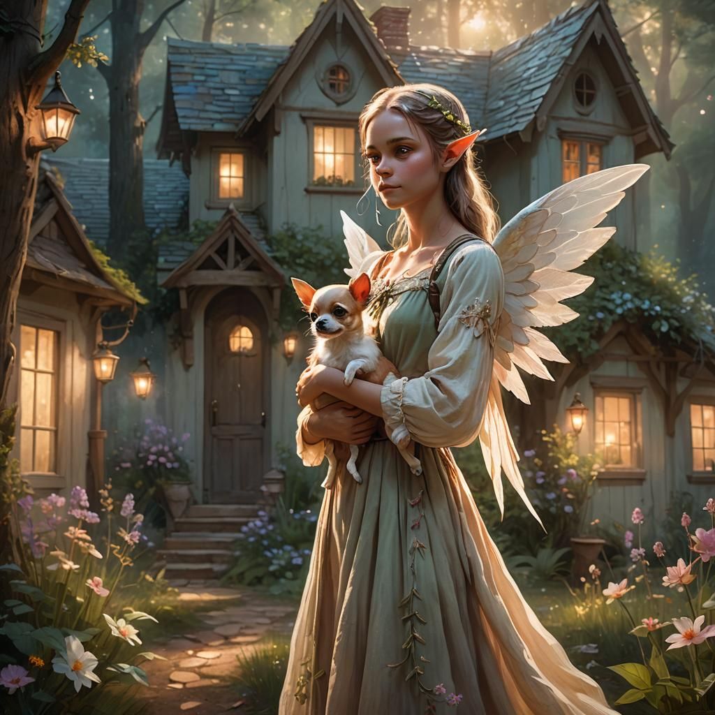 Elf with Chihuahua in Dreamy Forest, Fantasy Art