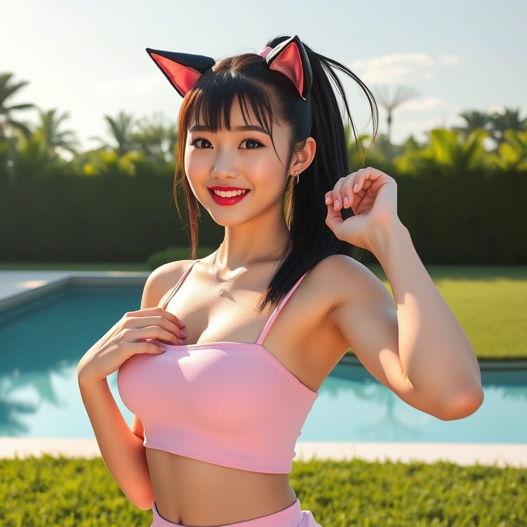 K-Pop Woman Posing by Pool in Photorealistic Style