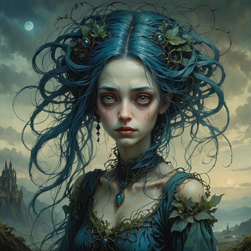 Blue-Haired Fairy Girl Portrait in Eldritch Style
