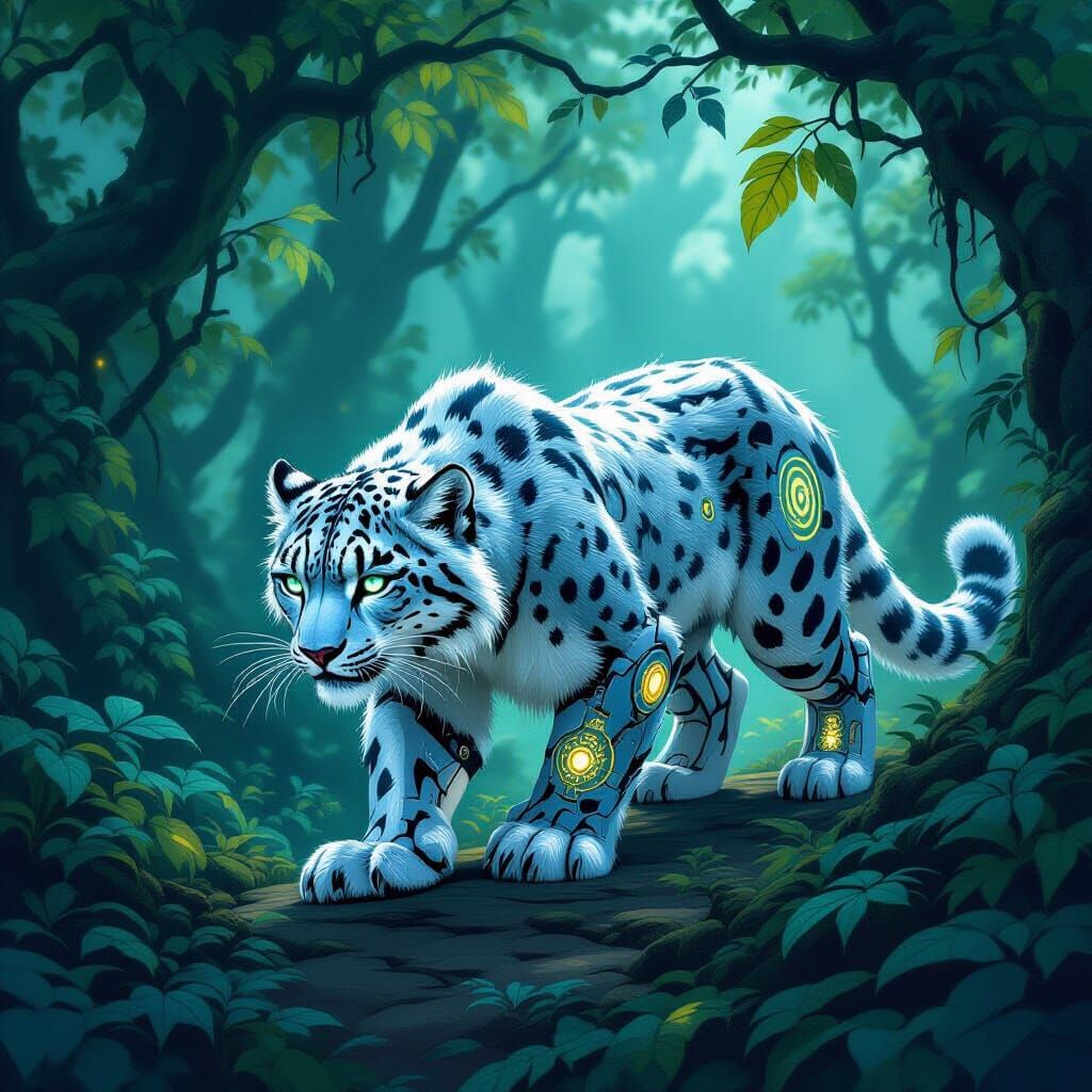 Mechanical Snow Leopard in Ancient Forest