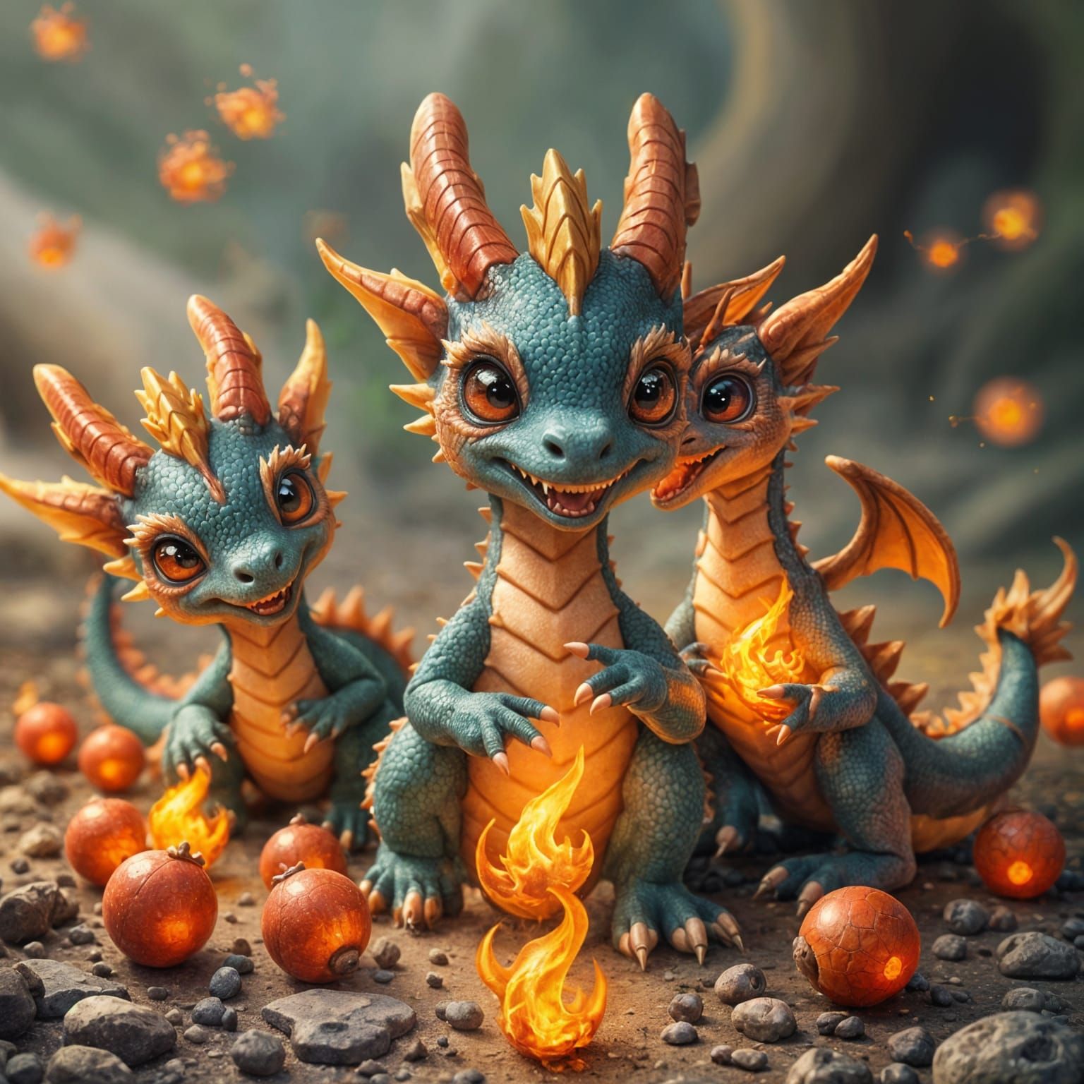 Cute Colored Dragons Play With Fireballs