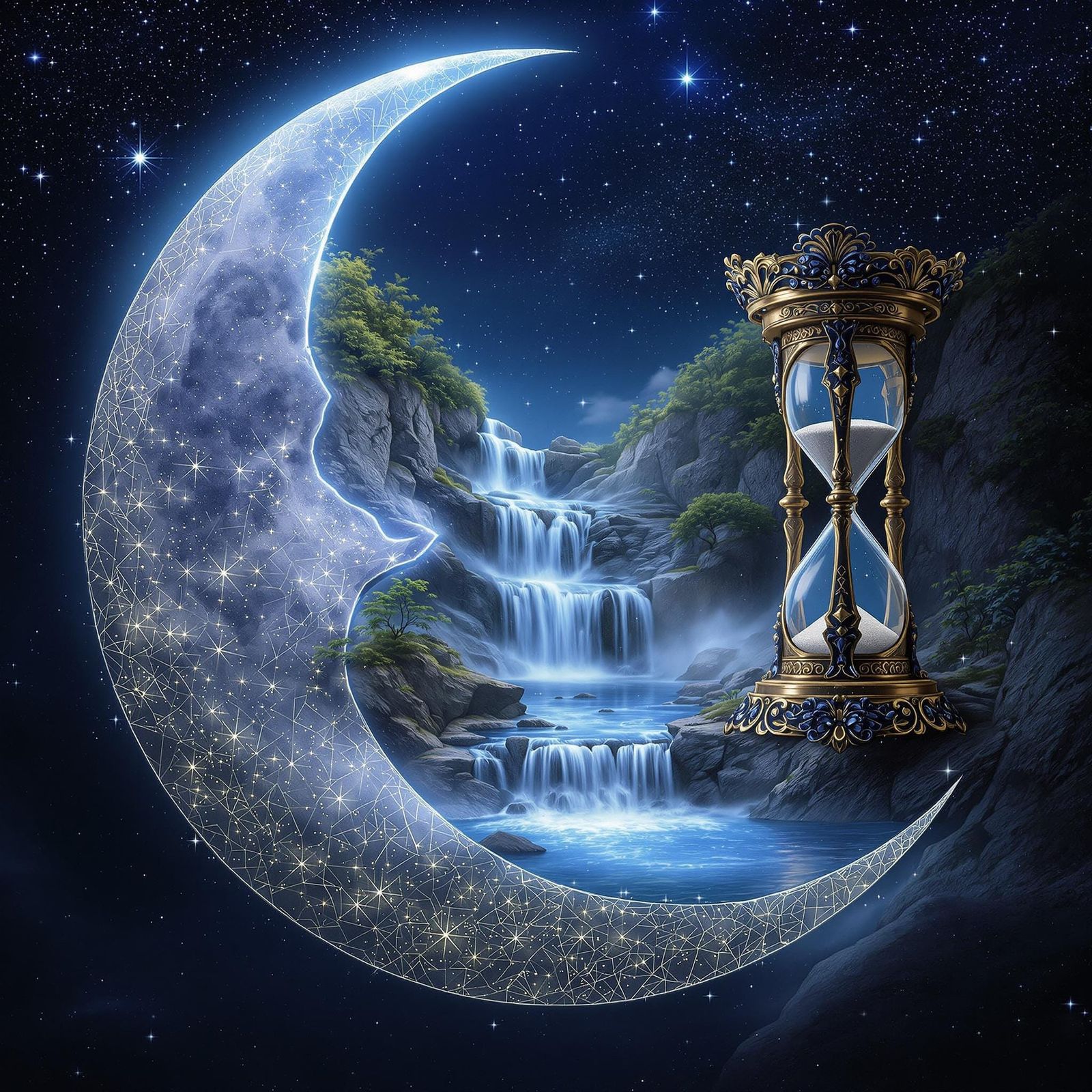 Crescent Moon Waterfall in Hourglass, Dreamy Digital Art