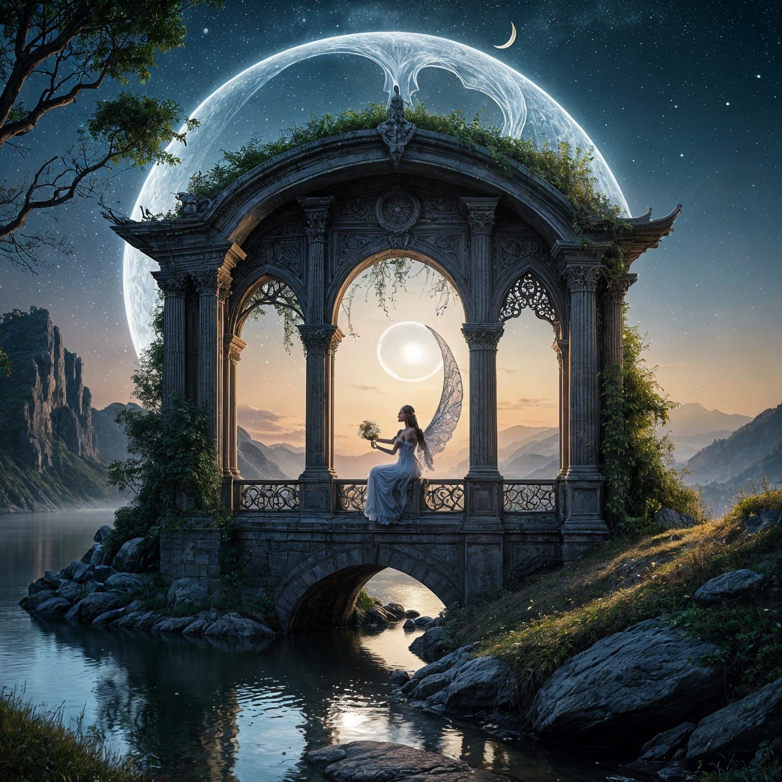 Fairy in Magical Night Scene with Crescent Moon