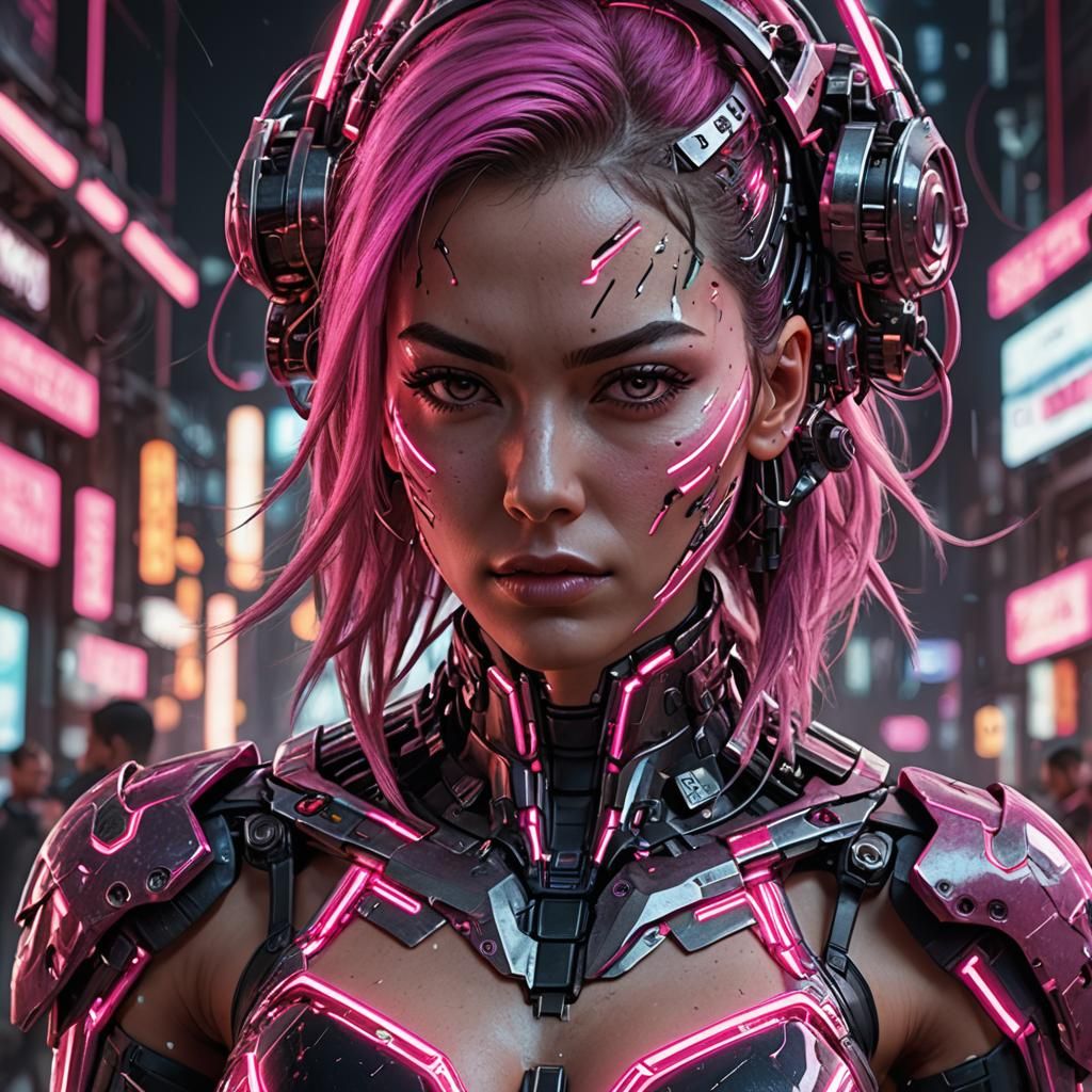 Hyperrealistic Cyberpunk Girl in Neon Cityscape