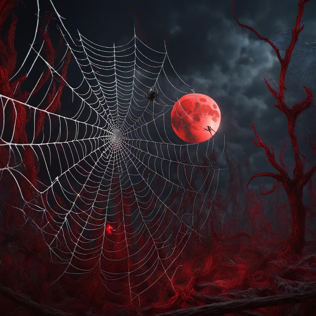 Eerie Spiderwebs Against a Red Moon: Fantasy Art