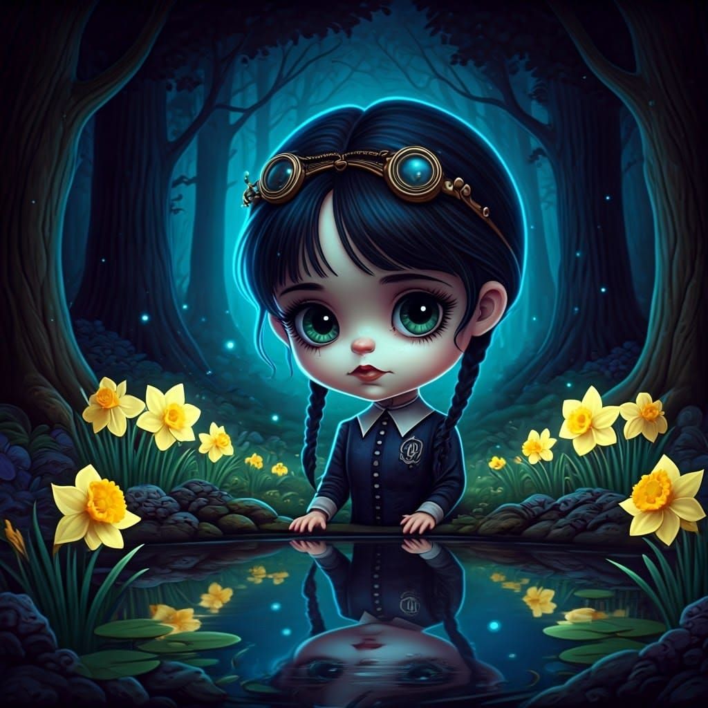 Steampunk Chibi Wednesday Addams in Bioluminescent Forest