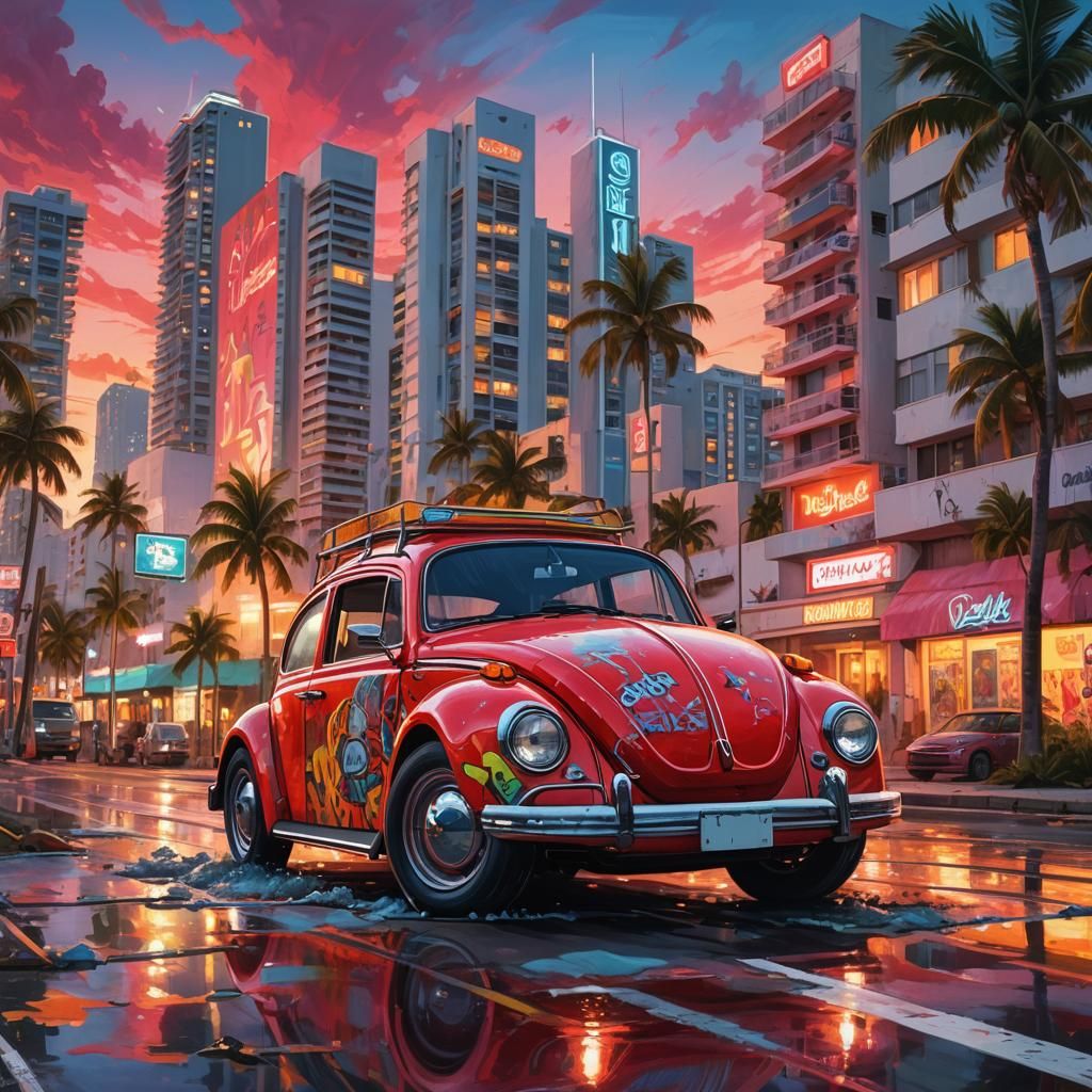 Red Beetle on Miami Beach: Graffiti Art Sunset