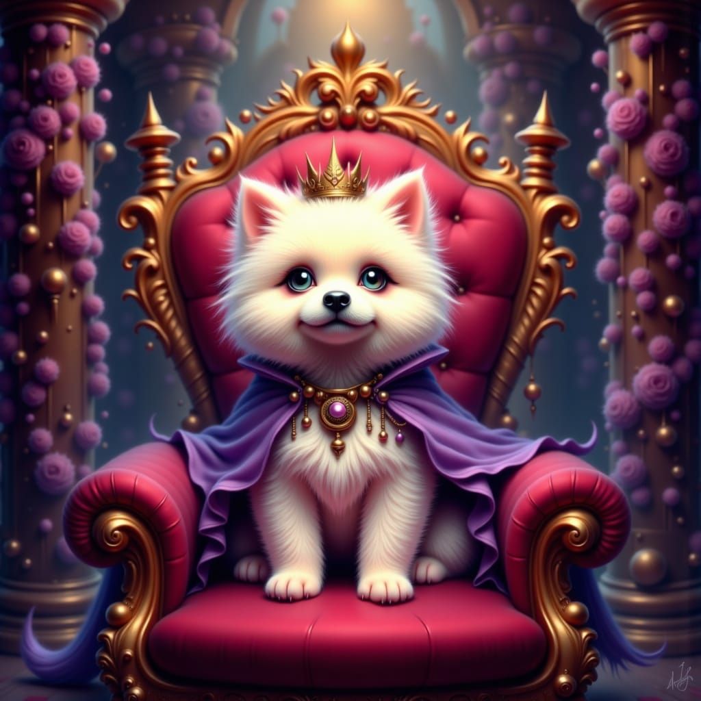 Fluffy Pomeranian King on Velvet Throne in Castle Hall