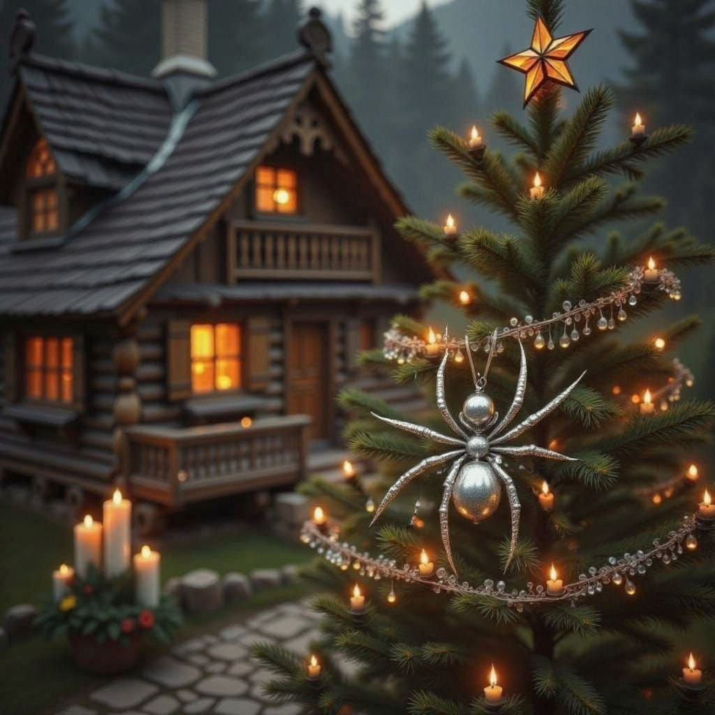 Magical Christmas Cottage with Intricate Spider Ornament