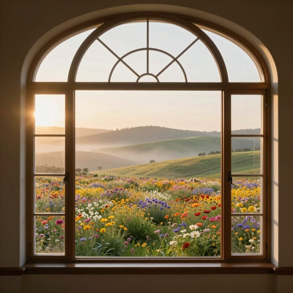 Arched Window Overlooking Blooming Flower Fields at Sunrise