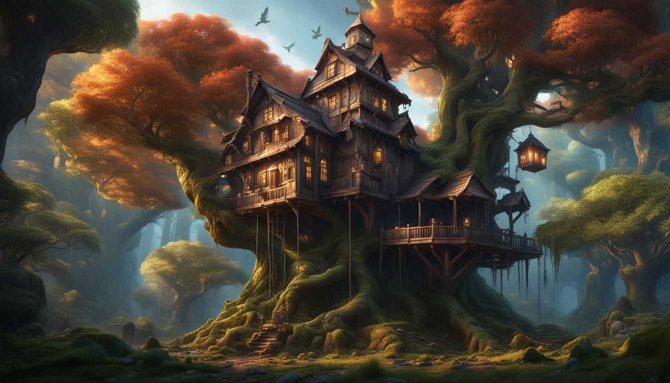 Enchanted Treehouse Towers in Deep Forest, Fantasy Art