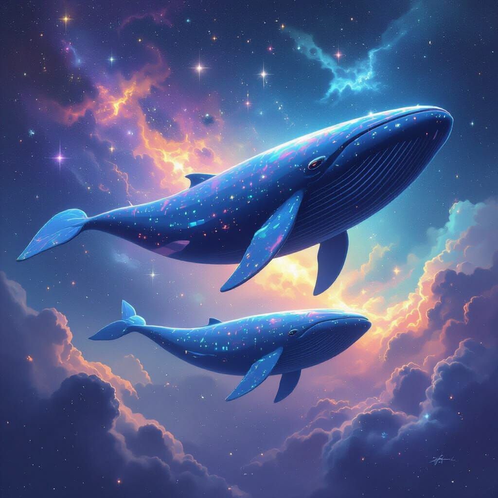 Majestic Space Whales in Starry Galaxy