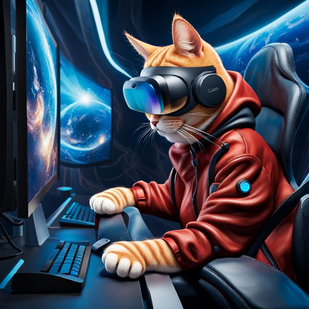 Funny Ginger Cat Gamer in VR: Caricature Gouache