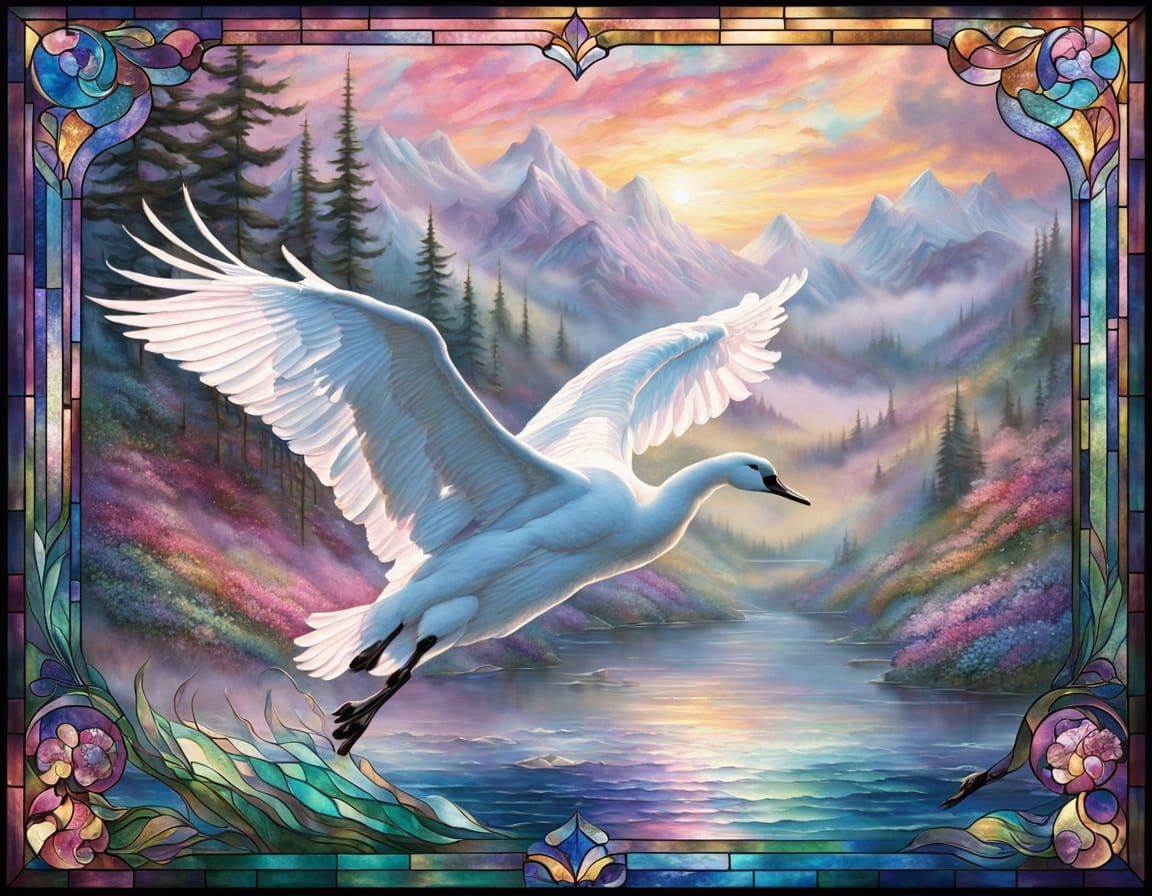 Stained Glass Trumpeter Swan in Ethereal Mist