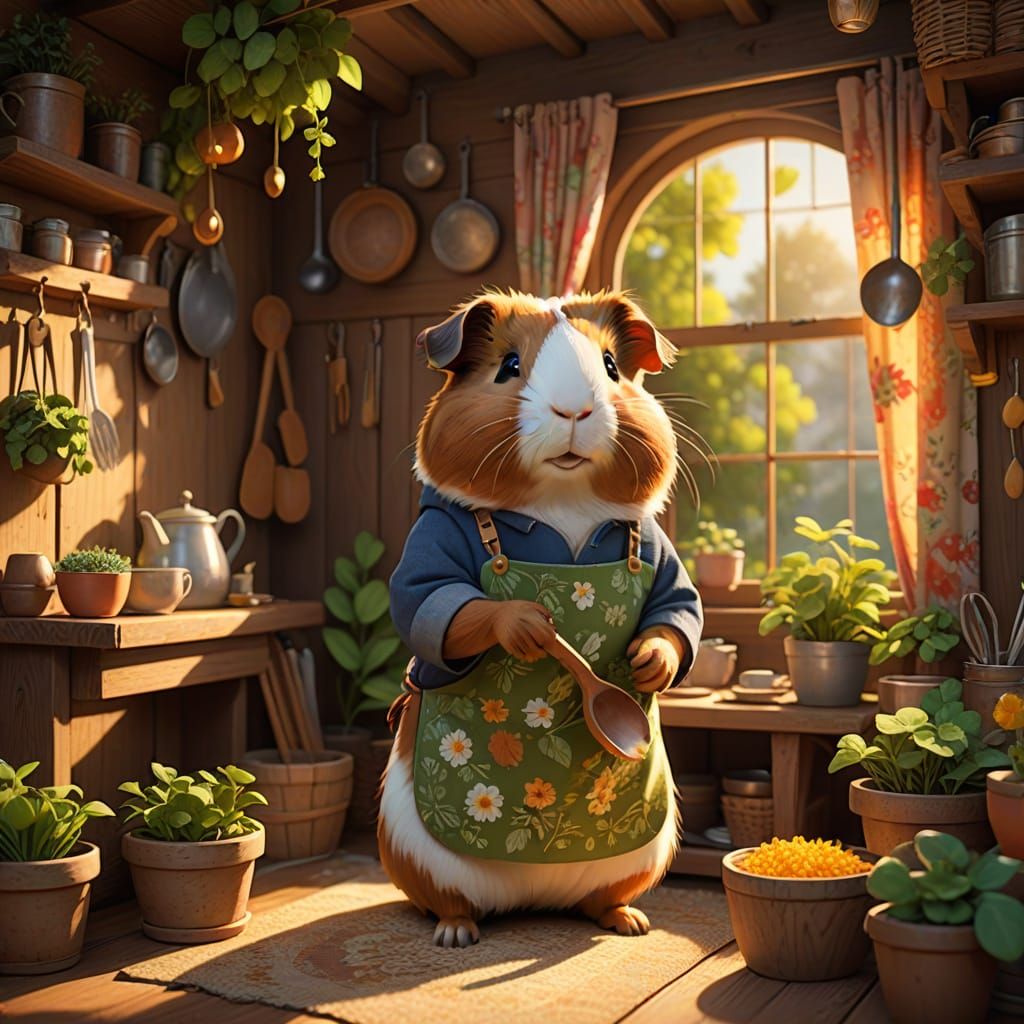 Whimsical Elderly Guinea Pig Grandmother in Cozy Treehouse K...
