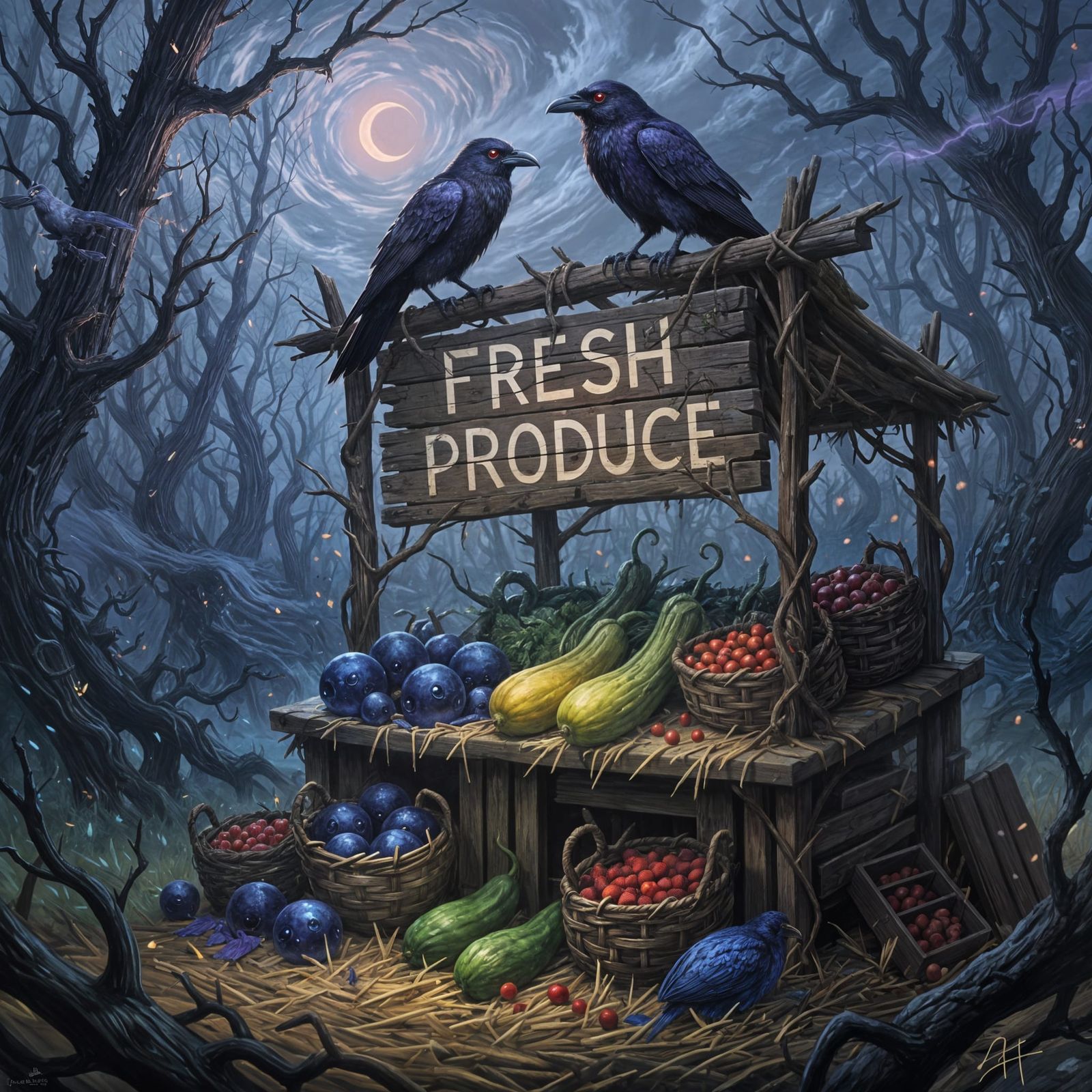 Ravens Guarding Bioluminescent Produce at Twilight