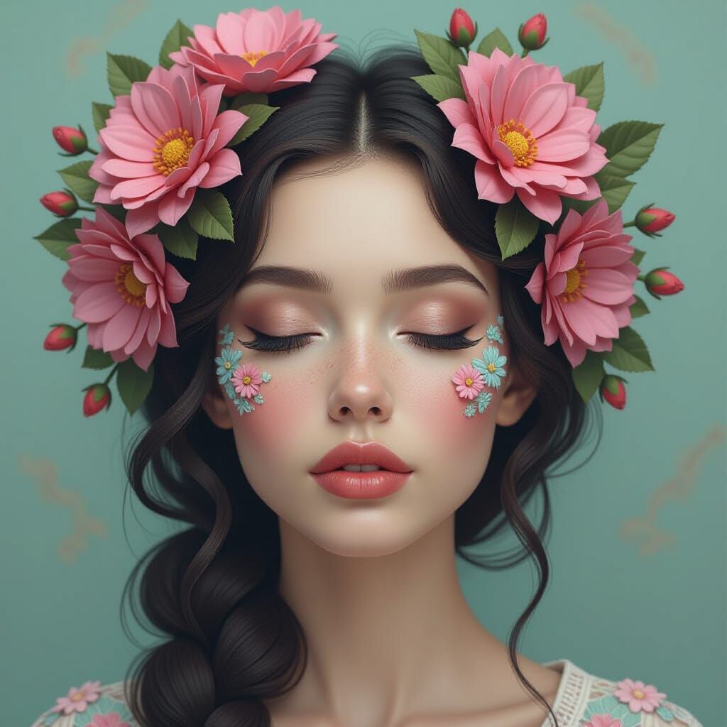 surreal portrait of a woman with serene features, her face p...