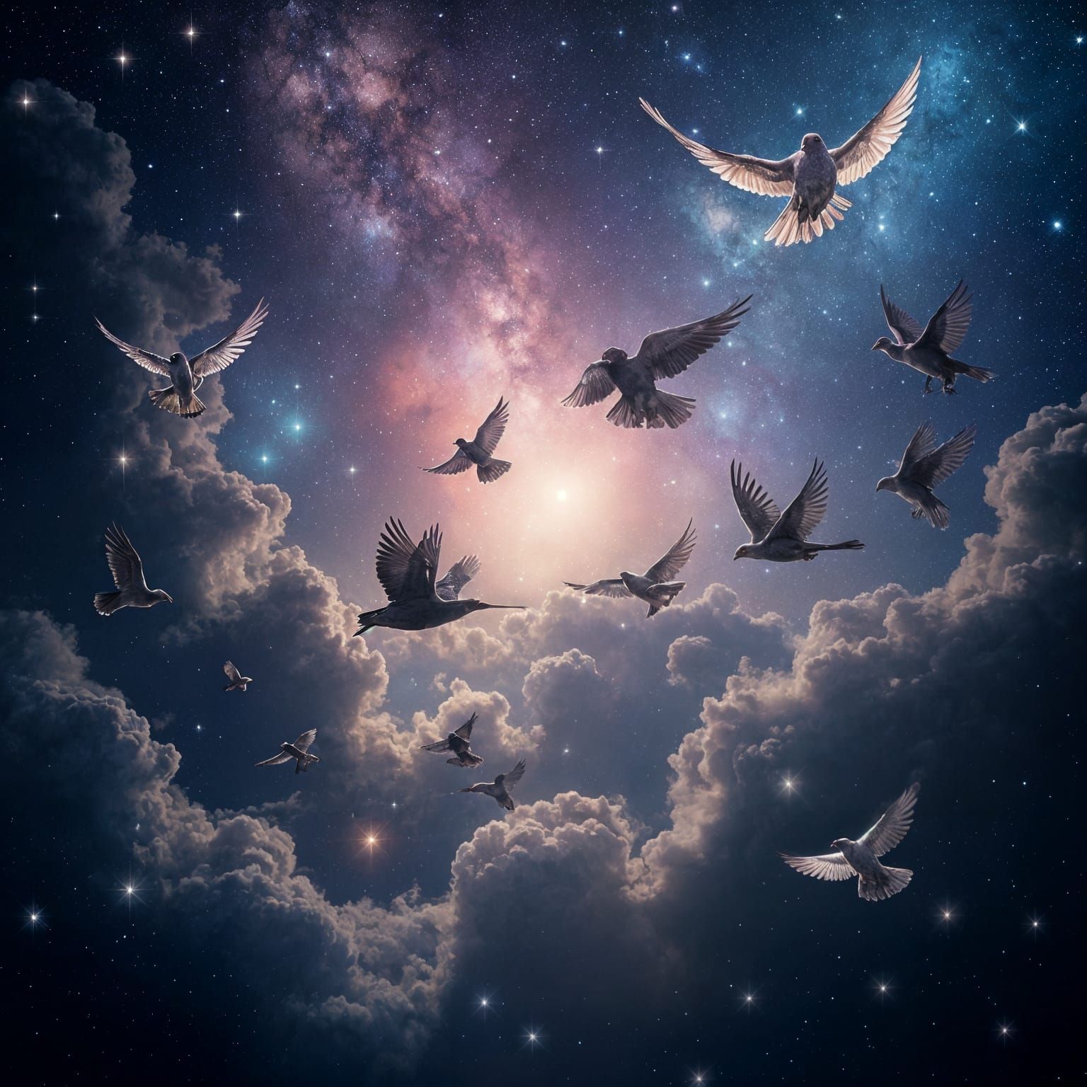 Surreal Galaxy Unfolds with Celestial Birds in Cosmic Dance