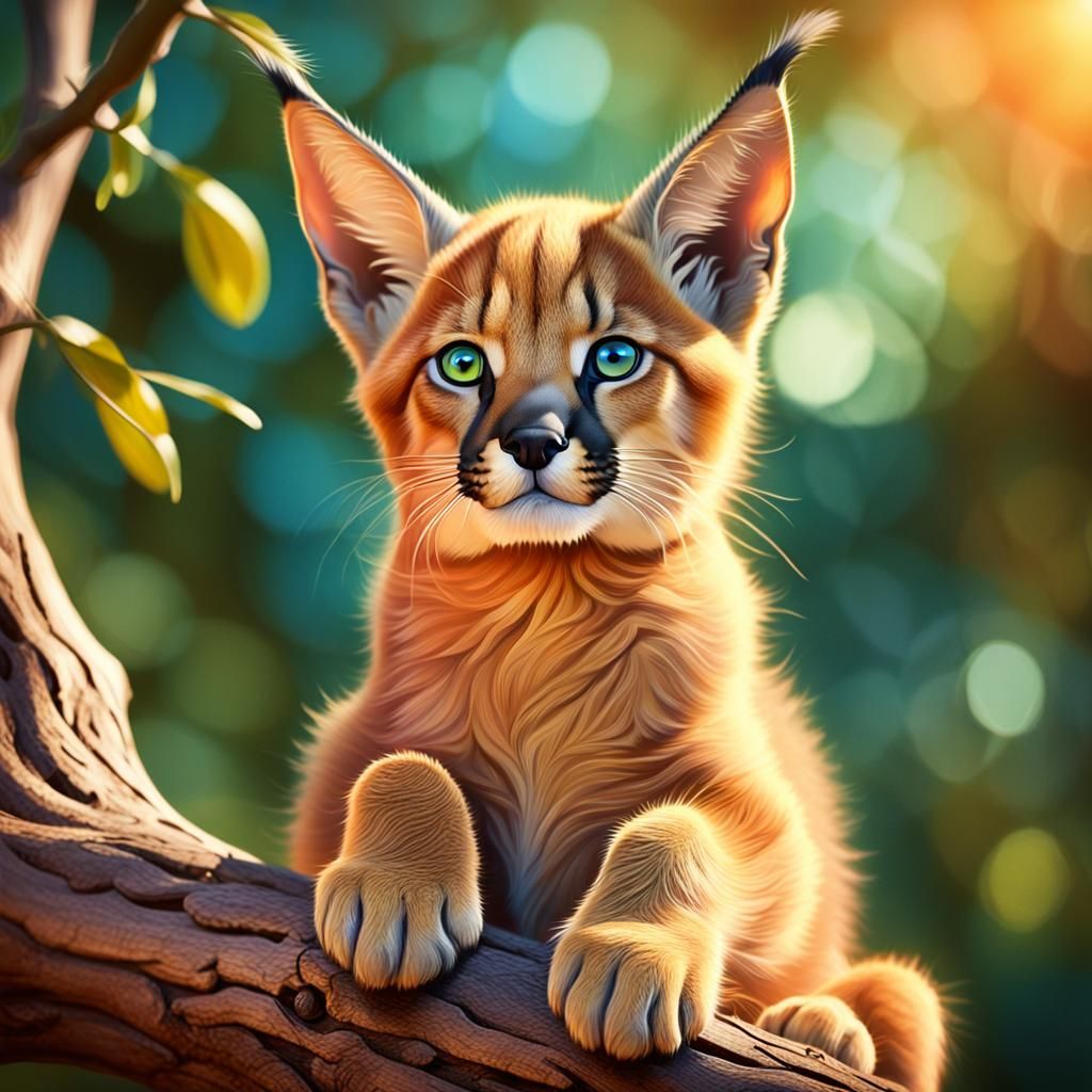Whimsical Caracal Kitten in Naive Art Style