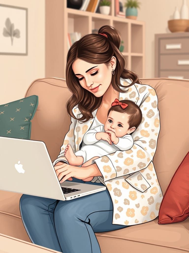 Multitasking Mother in Cozy Living Room