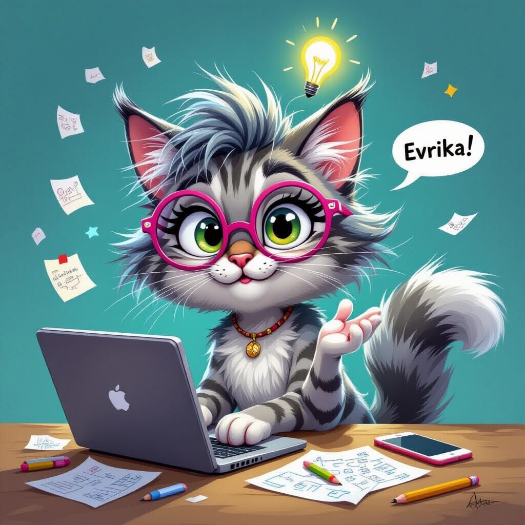 Genius She-Cat in Playful Cartoon Style