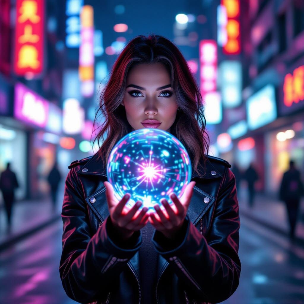 Woman Holds Digital Sphere in Cyber Hands Amidst Destruction