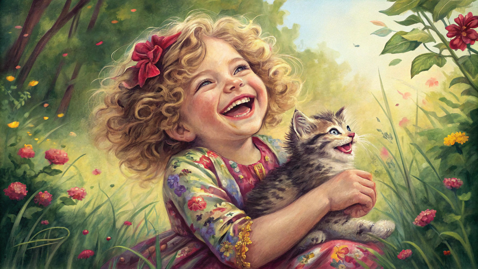 Girl with Kitten: Art Brut Fantasy Portrait