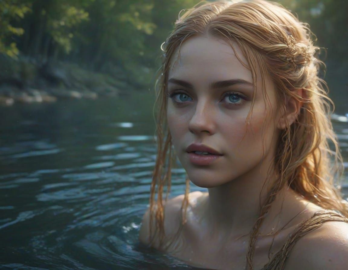 Norse Goddess Freya Basks in a Serene Forest Lake